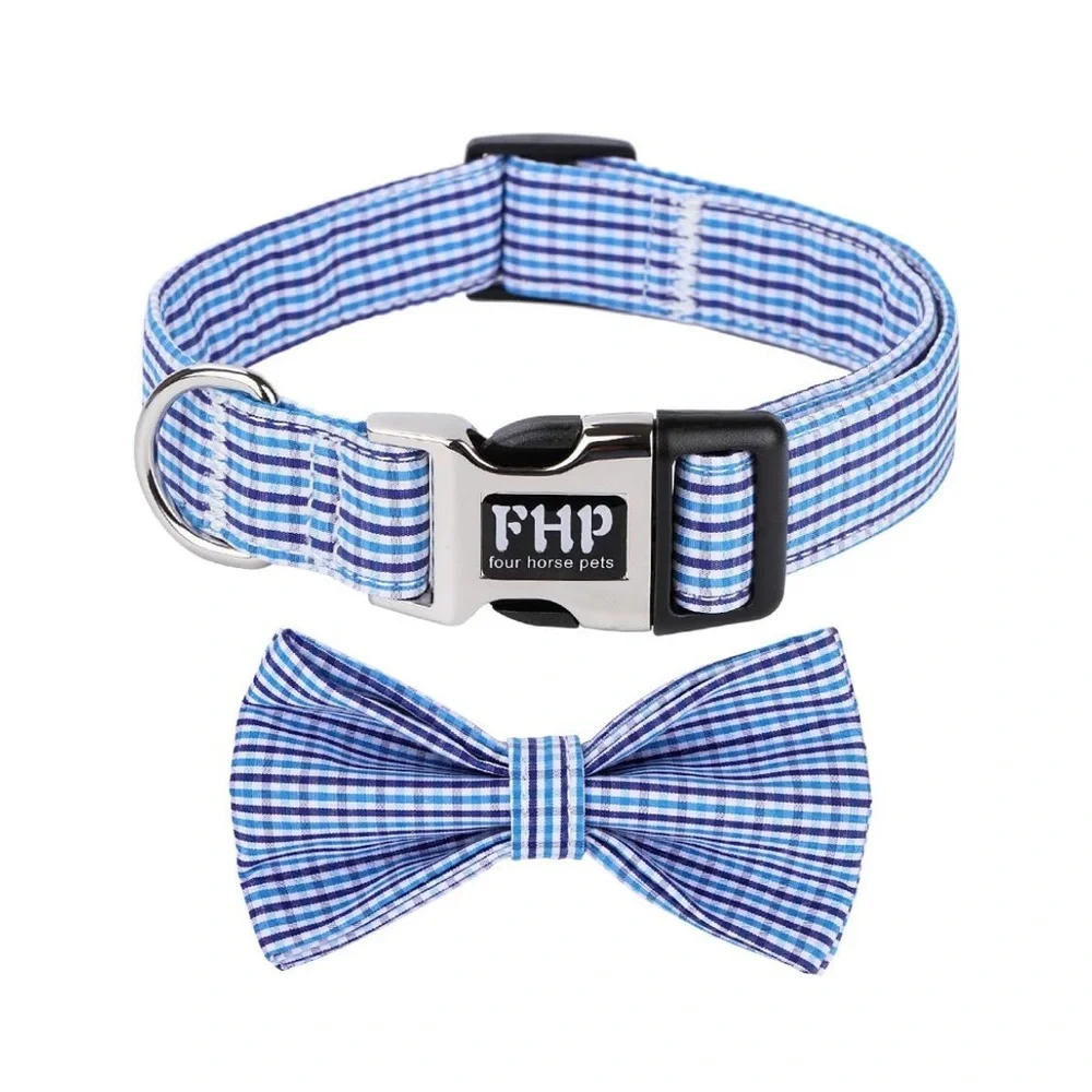 Blue Checkered Grid Dog Collar and Detachable Bow Tie Set - Adjustable - Large